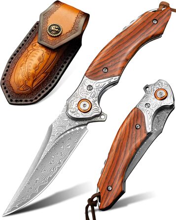 Кишеньковий ніж LOTHAR TUNA, дамаський складаний ніж з 67 шарів дамаської сталі VG10, дамаський кишеньковий ніж з гострим лезом і