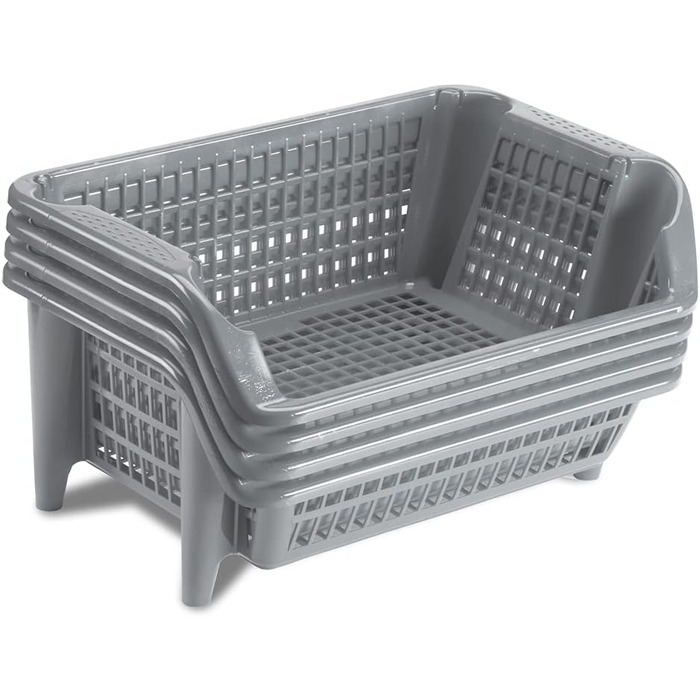 Стелаж Kreher, що складається з чотирьох штабельованих пластикових кошиків сірого кольору. Штабельується та вкладається. Можна розширювати за бажанням.