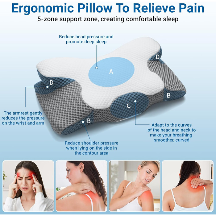 Подушка для шиї, подушка з піни з ефектом пам&39яті, ергономічна подушка, ортопедична подушка. Підходить для сну на боці, спині та животі. Полегшує біль у плечах та забезпечує полегшення. 60 * 34 * 13/10 см