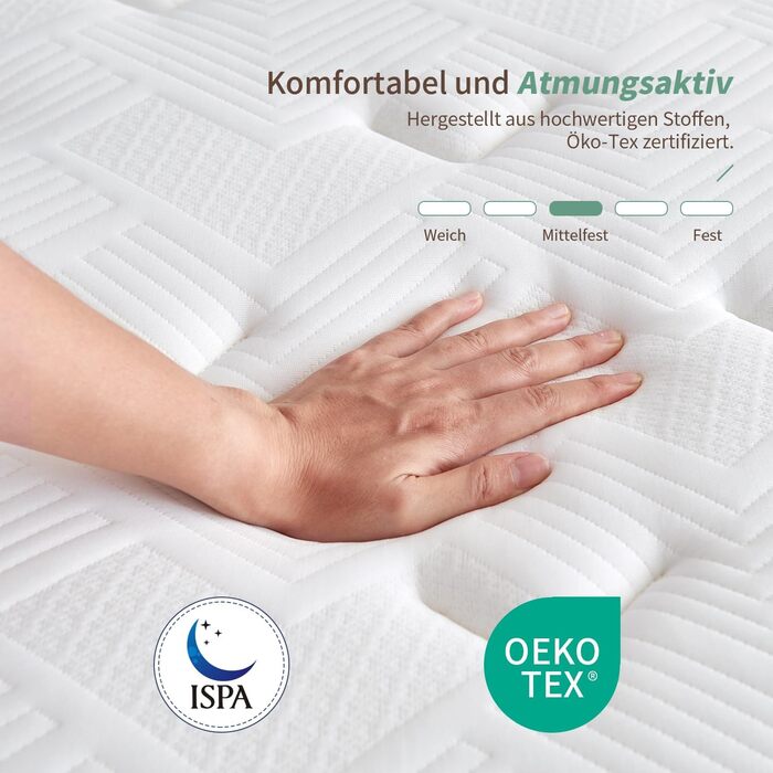 Матрац SZsuilong 160x200x24 H3 7-зонний пружинний матрац з пінопластовим ортопедичним пружинним блоком кишенькового типу, сертифікований Oeko-Tex H3/середньої жорсткості 160x200x24 см