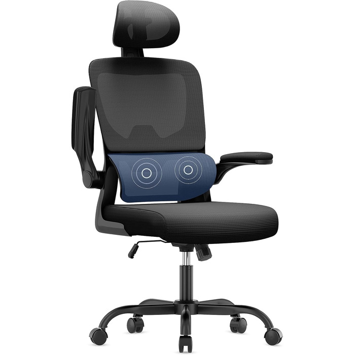 Ергономічне офісне крісло naspaluro, стілець для роботи з відкидними підлокітниками, динамічна поперекова підтримка, регульоване по висоті офісне крісло з функцією нахилу 120, чорний колір з підголівником