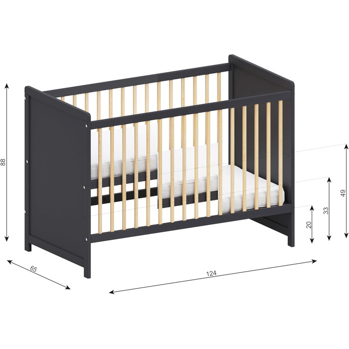 Дитяче ліжечко/спальне місце Love For Sleep 120x60 см із захисним бар&39єром, трансформоване, дитяче ліжко Tokyo кольору антрацит-сосна, дерев&39яне дитяче ліжко - Дитяче ліжко, трансформоване ліжечко, чорне