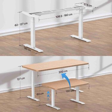 Рама столу DeHong з регулюванням висоти та 2 двигунами, 3-рівнева регульована по висоті рама столу з пам&39яттю налаштувань та функцією плавного запуску/зупинки