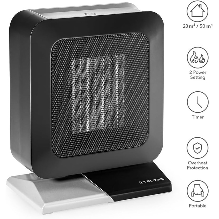 Керамічний вентилятор-обігрівач TROTEC TFC 13 E Теплова потужність 700 Вт / 1400 Вт Електричний обігрівач з термостатом, розмір приміщення від 20 м до 50 м, чорний 1400 Вт Чорний
