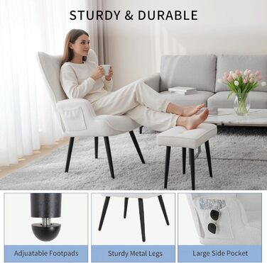 Крісло CLEVICH з підніжкою - Затишне крісло для відпочинку з підніжкою, крісло для читання, крісло з тканини Тедді для вітальні та спальні - До 168 кг, Біле