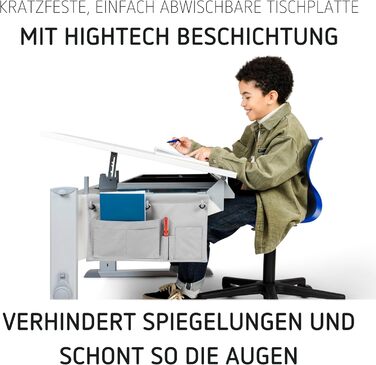 Дитячий письмовий стіл Moll Sprinter, регульований по висоті росте разом з вашою дитиною, ергономічний та нахиляється для вертикального сидіння ідеально підходить для школярів білий письмовий стіл, додаткова шухляда Зроблено в Німеччині Бічна стільниця та