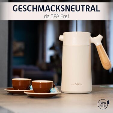 Френч-прес Friedewald Thermo - для кави та чаю - 1 л/8 чашок - для кемпінгу та дому - з подвійними стінками ізольований - Французький кавовий прес - Австрійська нержавіюча сталь - 8 год термоефектний крем/бежевий