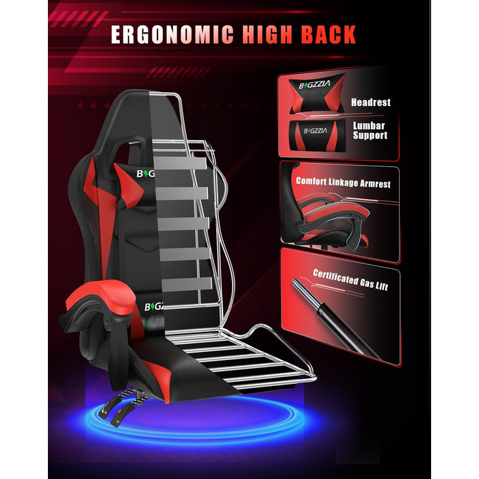 Ігрове крісло bigzzia зі світлодіодним підсвічуванням - Ергономічне ігрове крісло з підголівником, ігрове крісло з RGB-підсвічуванням, комп&39ютерне крісло для підлітків та дорослих, чорно-червоне