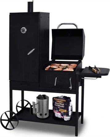 Syntrox Smoker Klavor з коптильнею, грилем барбекю, грилем на вугіллі. Гриль коптильні, сталь, листова сталь з вогнезахисним лаком, камера гриля і коптильня, дерев'яні ручки, дверцята з золи із засувкою