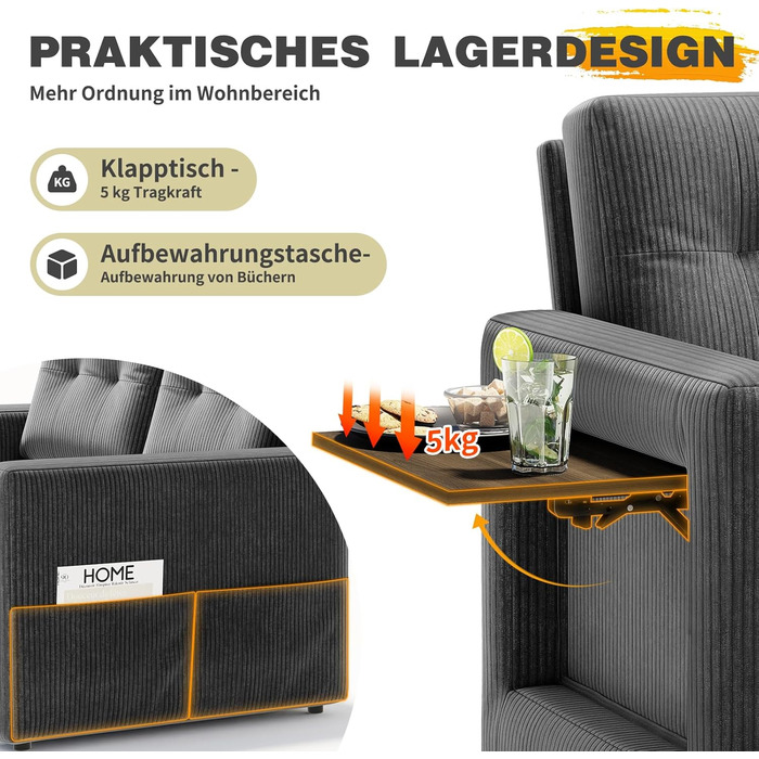 Диван YOUDENOVA з функцією сну, Розкладний диван з 5-позиційною регульованою спинкою, Диван-ліжко зі столиком та бічною кишенею, 2-місний диван-ліжко 177x135 см, Вельветово-сірий