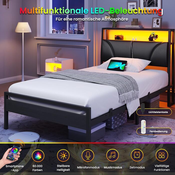 Ліжко 90x200 см з металевою рейковою основою, каркас ліжка 90x200 см зі світлодіодним підсвічуванням, дитяче ліжко 90x200 см з узголів&39ям та зарядною станцією (2 розетки змінного струму, 2 порти USB), металеве односпальне ліжко, чорне, 90x200 см