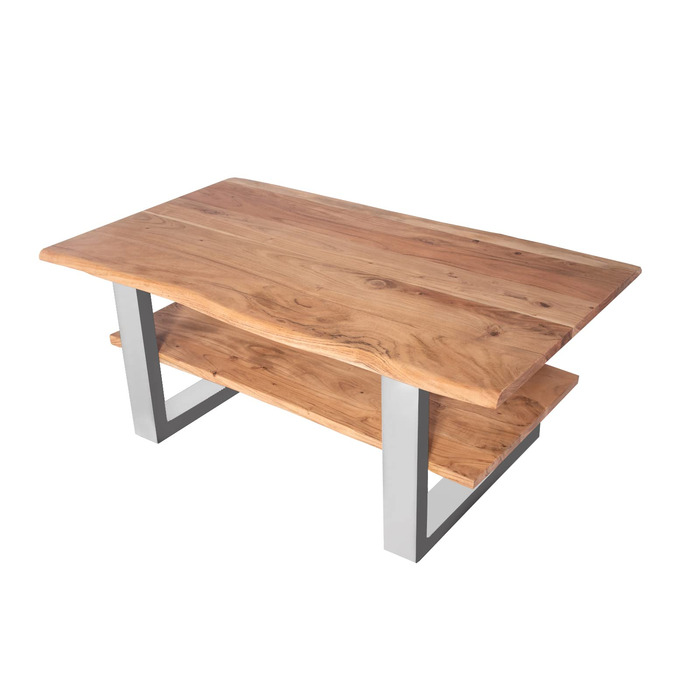 Журнальний столик SAM B-класу 115x65 см Philipp, диванний столик з полицею, масив акації натуральний колір лакований, журнальний столик зі справжнім живим краєм, U-подібна рама срібляста 115 x 65 см натуральний колір / сріблястий
