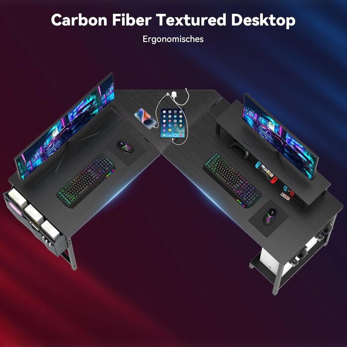 Ігровий стіл L-подібної форми 160x135 см - кутовий стіл з підставкою для монітора та відділенням для зберігання 2 розетки 2 USB-порти комп&39ютерний стіл