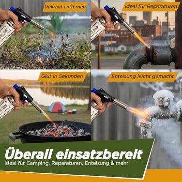 Газовий пальник GREEN CAMP з картриджем 227 г Зварювальний пальник, макс. температура 1300C Паяльна лампа з п&39єзорозпалом Кухонний пальник Бунзена (4 газові картриджі)