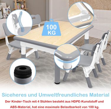 Дитячий стіл 120x60 см з 4 стільцями, комплект дитячих сидінь з регульованою висотою для дітей віком 2-10 років, дерев&39яний дитячий стіл та стільці, ідеально підходить для дитячого садка, класу та дому, сірий