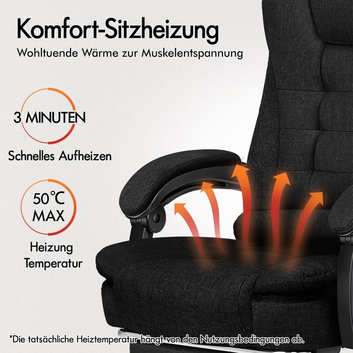 Офісне крісло ALFORDSON з функцією масажу, ергономічний дизайн з великою подушкою сидіння, поперекова підтримка, коліщатка для плавного пересування в офісі, чорний колір, лляна тканина Elias - чорний (льон) серія Elias
