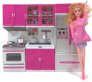 Іграшкові меблі для лялькової кухні, ляльковий будиночок для дітей, реалістичне світло та звуки з робочою варильною поверхнею, духовкою, раковиною, дверцятами холодильника та безліччю аксесуарів, іграшка 40 x 30 см