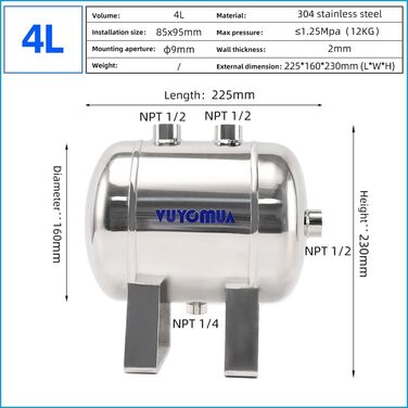 Міні-невеликий портативний повітряний бак високого тиску з нержавіючої сталі Резервуар для зберігання води з повітряним резервуаром (0.8L-SG) (4L-SG), 304