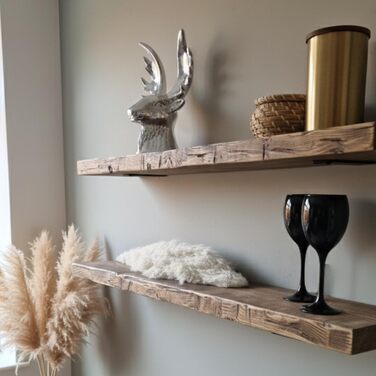 Антикварна настінна полиця з масиву дерева полиця у вінтажному стилі зістареного вигляду плаваюча або зі сталевими кронштейнами кухня, вітальня, тераса (100 см)