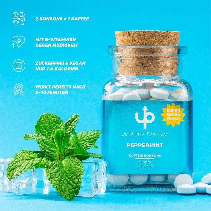 Цукерки Upsters Energy з кофеїном - PEPPERMINT SUPER SUPER FRESH - 140 цукерок - Енергія від 70 сортів кави та енергетичних напоїв - Без цукру - Веганські - Зроблено в Німеччині