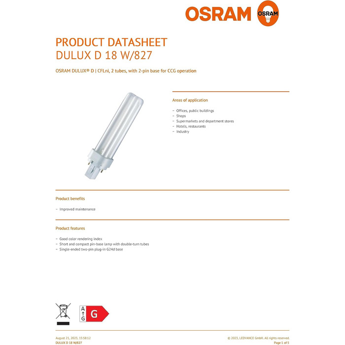 Енергозберігаючі лампи Osram DULUX D - цоколь G24d-2, 18 Вт