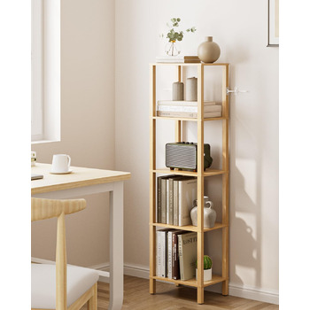 Книжкова полиця, вузька полиця з 5 полицями, кухонна полиця з відкритими полицями, 38 см x 27 см x 136 см, окремостояча полиця для вітальні, офісу, кабінету, дуб, 5 полиць