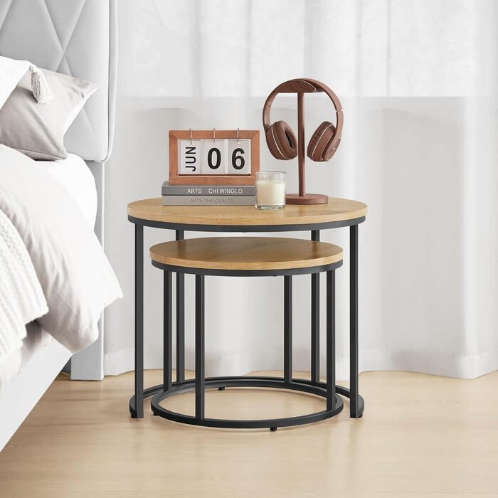Набір журнальних столиків Home Collective із 2 шт. , круглі приставні столики, дизайн лофт, вбудований дизайн 2-в-1, стійка до подряпин поверхня, вітальня ширина 53 см та 43 см, дуб із чорними ніжками, дуб/чорний, круглий