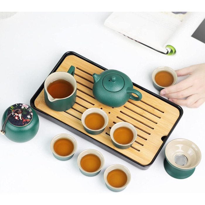 Набір для чаювання Смарагдова подорож, китайський чайний сервіз, портативний набір для чаю Кунг-Фу, 7 предметів у кейсі
