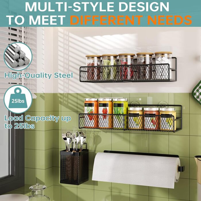 Настінний набір із 6 підставок для спецій Kmise, високоміцні клейкі підвісні кошики з тримачем для паперових рушників, кошик для столових приборів, нержавіючий органайзер для спецій без свердління для шафи, дверцят комори, кухонне сховище, 6 предметів вел
