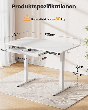 Стіл ErGear з регульованою висотою 120 x 60 см, Електричний стіл з регулюванням висоти з шухлядою та 4 смарт-панелями з функцією пам&39яті, Т-подібна конструкція ніжок для стійкості, Багатосекційна стільниця 120 x 60 см, білий колір шухляда