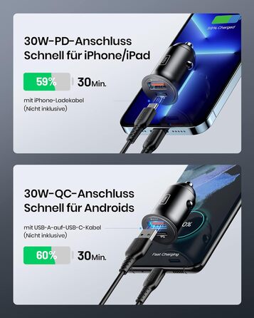 Адаптер для прикурювача, USB C 30W USB A 30W USB розетка 12В, автомобільний зарядний пристрій з двома портами 5А для швидкої заряд