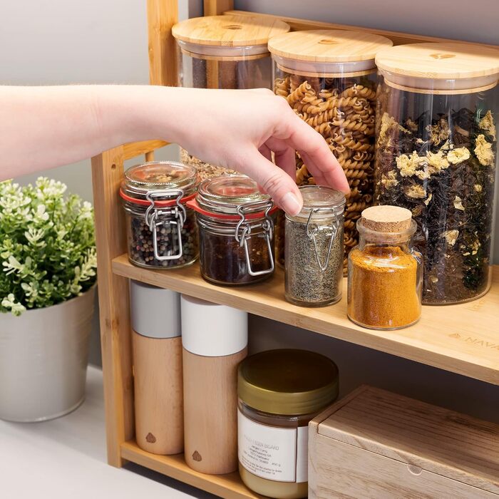 Рівнева бамбукова підставка для спецій Navaris - дерев&39яна кухонна полиця, шафка для спецій, універсальний органайзер для кухні, ванної кімнати, офісу, коричневий колір, 3-