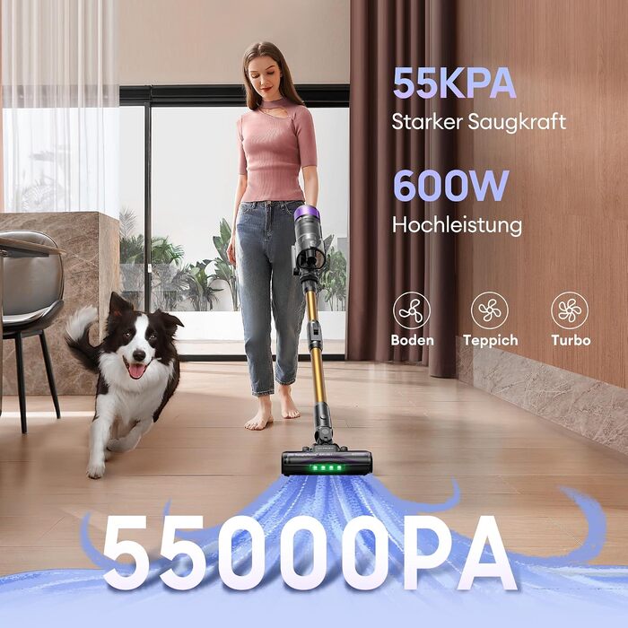 Акумуляторний пилосос Ultenic, 55000Па/600Вт/60хв, бездротовий, самостійна стійка конструкція, гнучкий шарнір, технологія GreenEye, антинамотувальна щітка для твердих підлог, килимів та шерсті тварин, колір шампань та фіолетовий