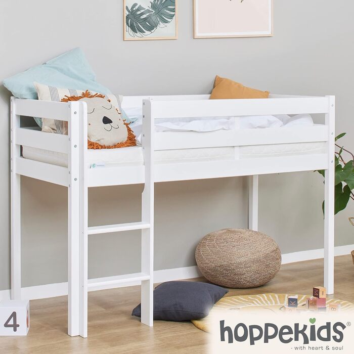 Дитяче ліжко Hoppekids 70x160 см, ліжко-горище/середній рівень сну, виготовлене з масиву сосни, біле, виготовлено в ЄС, з 10-річною гарантією 70x160 білий