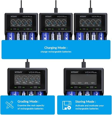 Зарядний пристрій XTAR VC4 Plus з адаптером QC3.0, одночасна зарядка літій-іонних та нікель-металгідридних акумуляторів, швидкий зарядний пристрій 3A, зарядний пристрій на 4 акумулятори VC4 PLUS