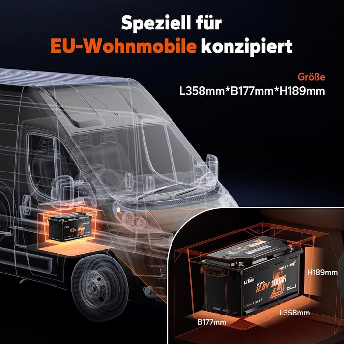Акумулятор LiTime 12V 100Ah LiFePO4 з Bluetooth, розмір H190, 200A BMS, інтелектуальне нагрівання, 2C розряд, літій-іонний акумулятор 1280 Втгод, макс. 15000 циклів, ідеально підходить для автофургона, розмір DIN H8 L5, для кемпінгу 12V100Ah H190 2C Bluet