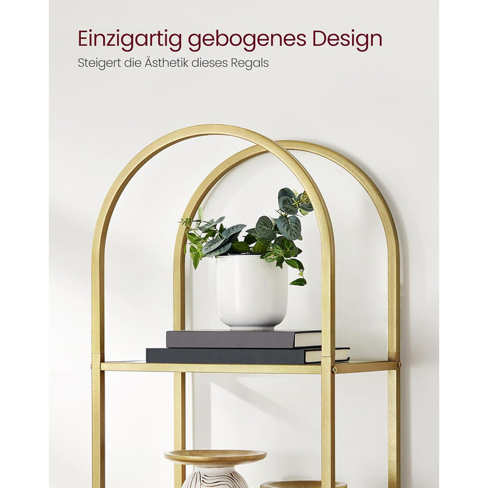 Полиця VASAGLE, 5-ярусна книжкова полиця, окремостояча полиця із загартованого скла, арочна полиця для зберігання, металевий каркас, для вітальні, спальні, кабінету, ванної кімнати, металеве золото-прозоре LGT501A01 30,2 x 40 x 183,5 см металеве золото пр