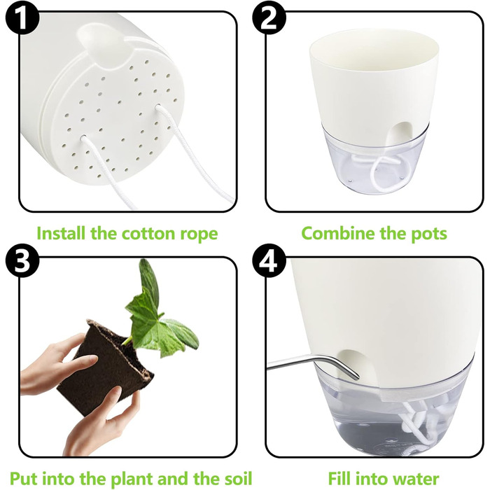 Кашпо для квітів Relota 3 шт. и біле шириною 15,3 см, кашпо для трав пластикове з самополивом і резервуаром для води, кашпо для ку