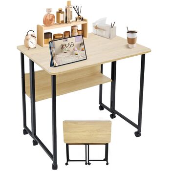 Розкладний стіл з полицею, 80x60x75 см, розкладний стіл на колесах, дерево та вуглецева сталь, компактний, багатофункціональний, для домашнього офісу, вітальні (колір дерева)