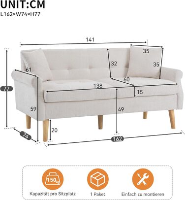 Двомісний диван, м&39який диван, диван з товстими подушками, м&39які меблі, бежева шениллова тканина, підходить для вітальні, спальні, квартири