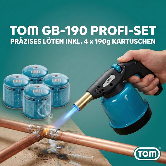 Комплект газових паяльників TOM вкл. 4 універсальні газові балончики по 190 г 1300C Паяльна лампа для мякого або твердого паяння Пєзорозпал Газовий пальник Бунзена (паяльник з 4 газовими балончиками)