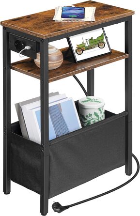 Журнальний столик HOOBRO із зарядною станцією, тумбочка з місцем для зберігання, диван-столик з розеткою та USB-портами, для невеликих приміщень, спалень, віталень, рустикальний коричневий та чорний EBF125CBZ01 темно-коричневий чорний