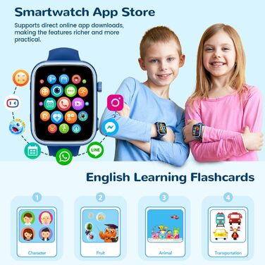 Дитячий смарт-годинник з функцією відеодзвінків та телефону, дитячий годинник з GPS, голосовим чатом, WhatsApp, WiFi, SOS, SMS, шкільним режимом, крокоміром, водонепроникний IP68, будильник, дитячий смарт-годинник для дівчаток/хлопчиків, синій
