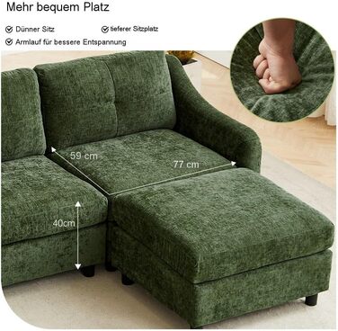 Кутовий диван JIEXI з функцією сну, вельветовий диван, L-подібний диван, кутовий диван, диван-ліжко, 251 см (темно-зелений, 3 місця 1 пуф)
