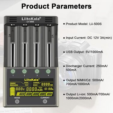 Зарядний пристрій LiitoKala Lii-500S для акумуляторів 18650, швидкий зарядний пристрій з РК-дисплеєм та сенсорним керуванням, зарядний пристрій на 4 слоти для акумуляторів типу АА з адаптером 12 В 3 А для літій-іонних, AA, AAA, Ni-MH, Ni-CD акумуляторів 1