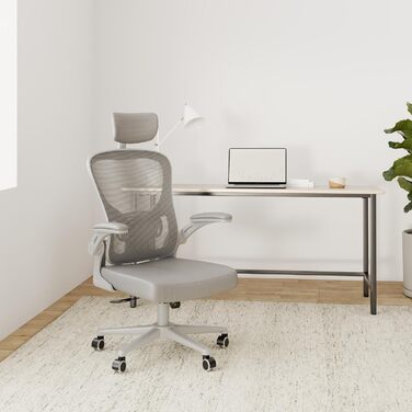 Ергономічне офісне крісло naspaluro з дихаючою сітчастою оббивкою, письмове крісло з регульованими підлокітниками, підголівником, поперековою опорою, регулюванням висоти, поворотним кріслом на 360, сіро-сірий колір з підголівником