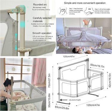 Дитяче ліжко 3-в-1, дитяча колиска, 120x50 см, дорожнє ліжечко, приліжкове ліжечко, пружинне ліжко-бокс, з москітною сіткою, відкидні ворота з ключем, дитяче ліжечко з поручнями, яке можна розмістити на ліжку, світло-зелене