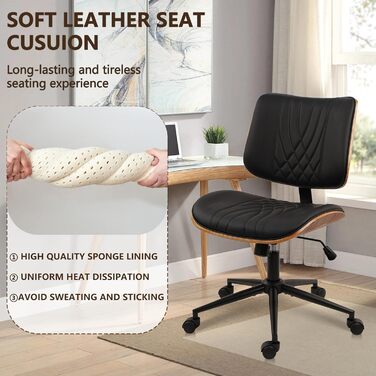 Офісне крісло CLATINA без підлокітників, стілець для столу з колесами, регульоване по висоті шкіряне поворотне комп&39ютерне крісло із середньою спинкою, сучасний стиль горіхового дерева для домашнього офісу, конференц-зал, чорний, комплект з