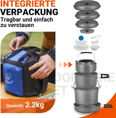 Набір посуду для кемпінгу Bulin, алюмінієві кемпінгові горщики, легкий набір для приготування їжі з складними столовими приборами та чайником, кемпінговий посуд для 1-2-4-6 осіб, ідеально підходить для кемпінгу, активного відпочинку на свіжому повітрі, пі