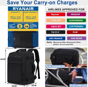 Рюкзак для ручної поклажі 40x30x20 см для Ryanair, 40x30x25 см для Eurowings, невеликий дорожній рюкзак об&39ємом 24 л, ручна поклажа, рюкзак для ноутбука для чоловіків та жінок, чорний. Black-b 40x30x20 см (24 л)